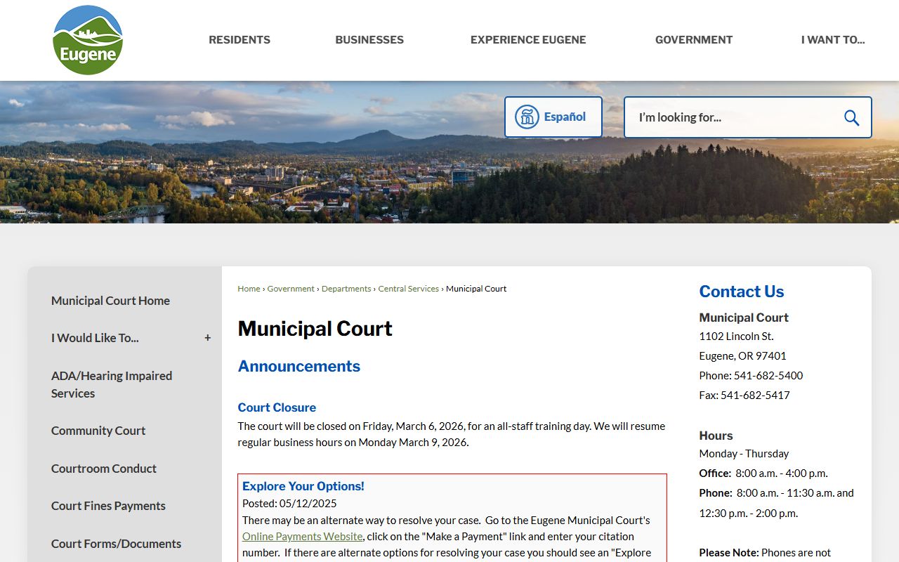 Eugene Municipal Court official page for Eugene court records