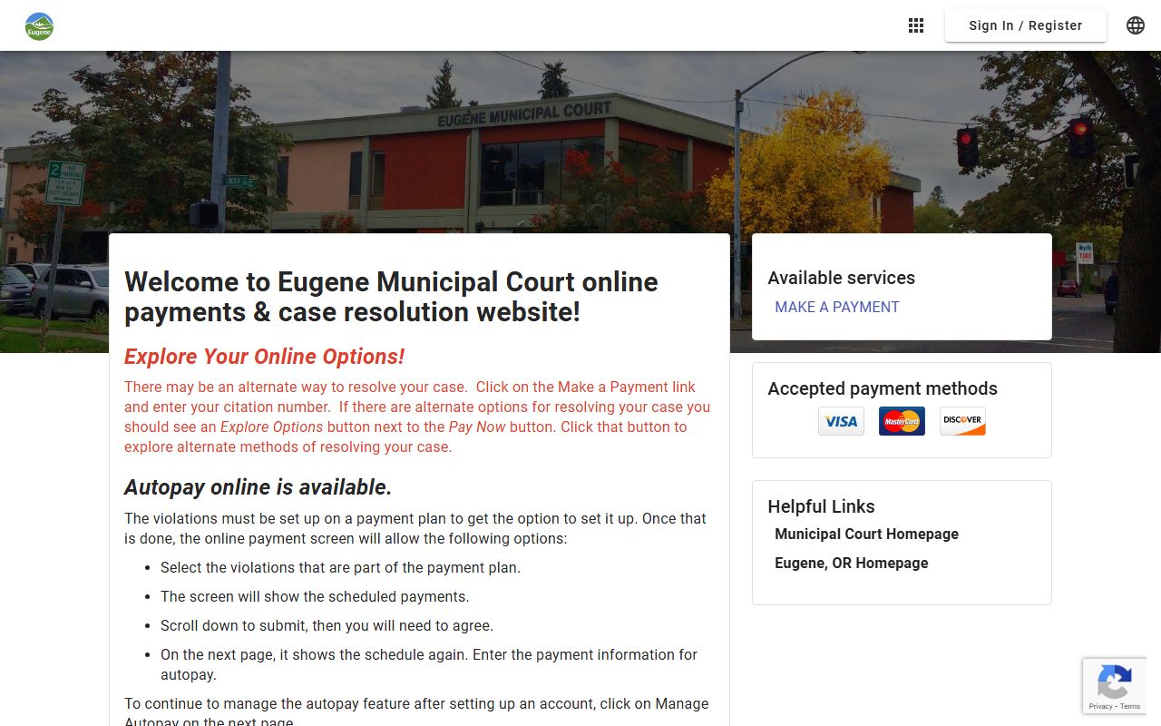 Eugene Municipal Court online payment portal for court fines