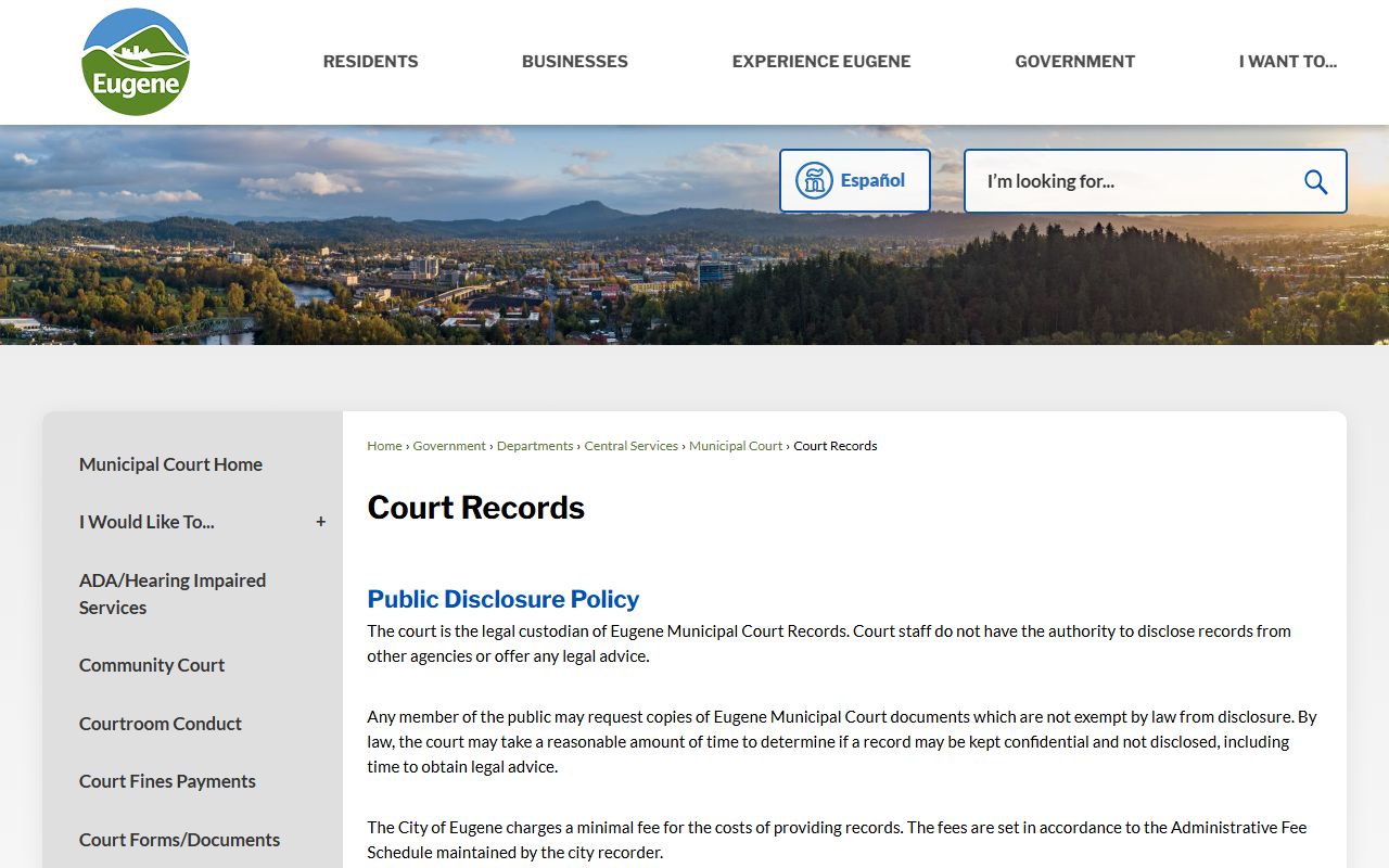 Eugene Municipal Court records request page for court documents