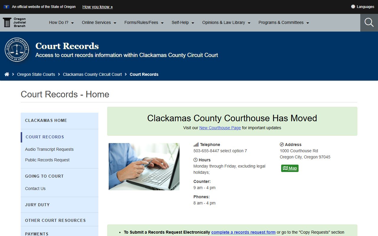 Clackamas County Circuit Court website for court records requests