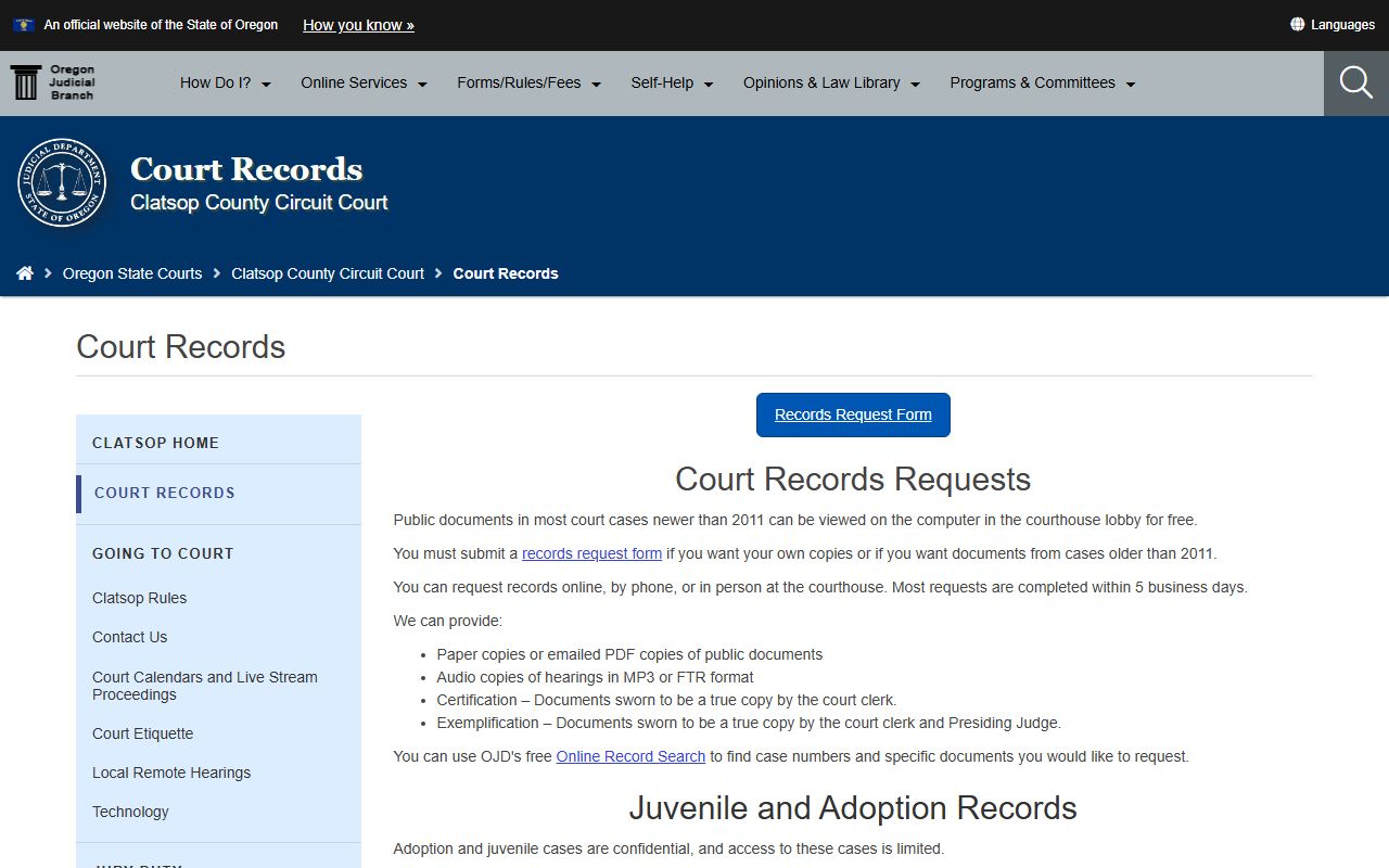 Clatsop County Circuit Court website showing court records information