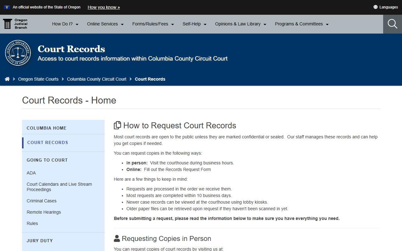 Columbia County Circuit Court official website for court records