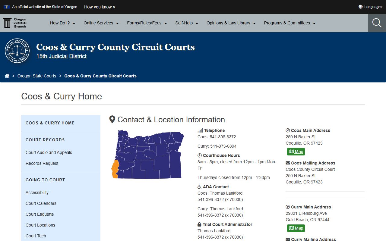 Coos and Curry Counties Circuit Court website for court records