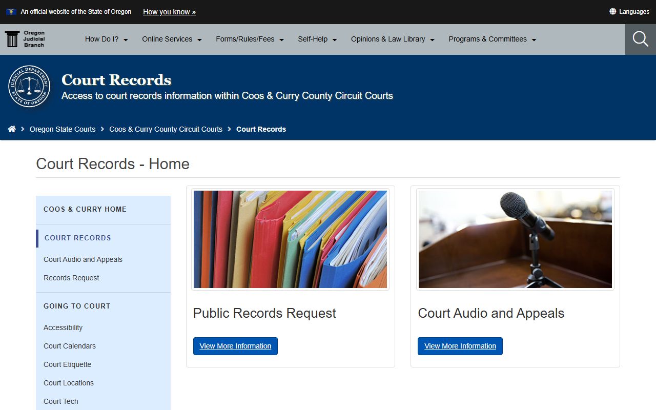 Coos County Circuit Court records request page for court documents