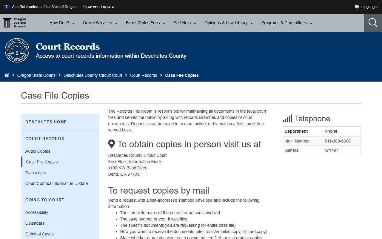 Deschutes County case file copy request page