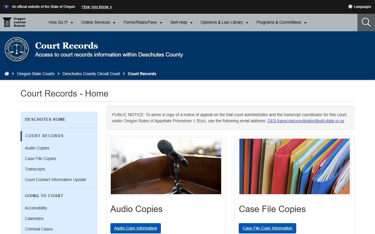 Deschutes County Circuit Court website for court records