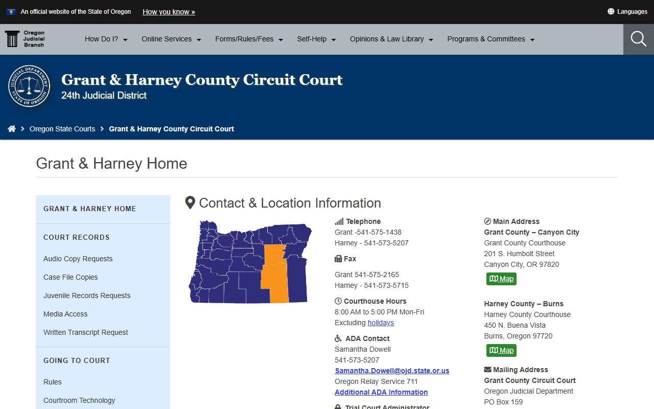 Grant and Harney Counties Circuit Court page for court records