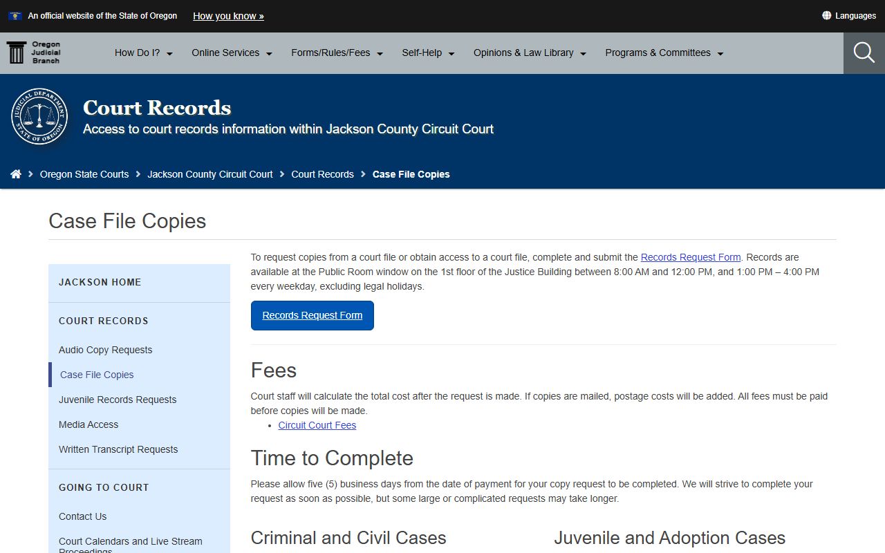 Jackson County Circuit Court records page for court records