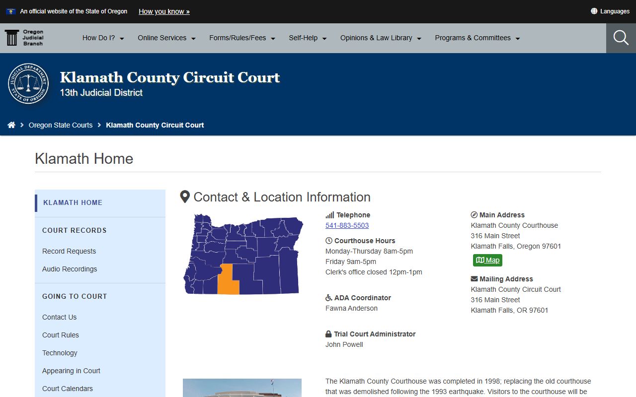 Klamath County Circuit Court official page for court records