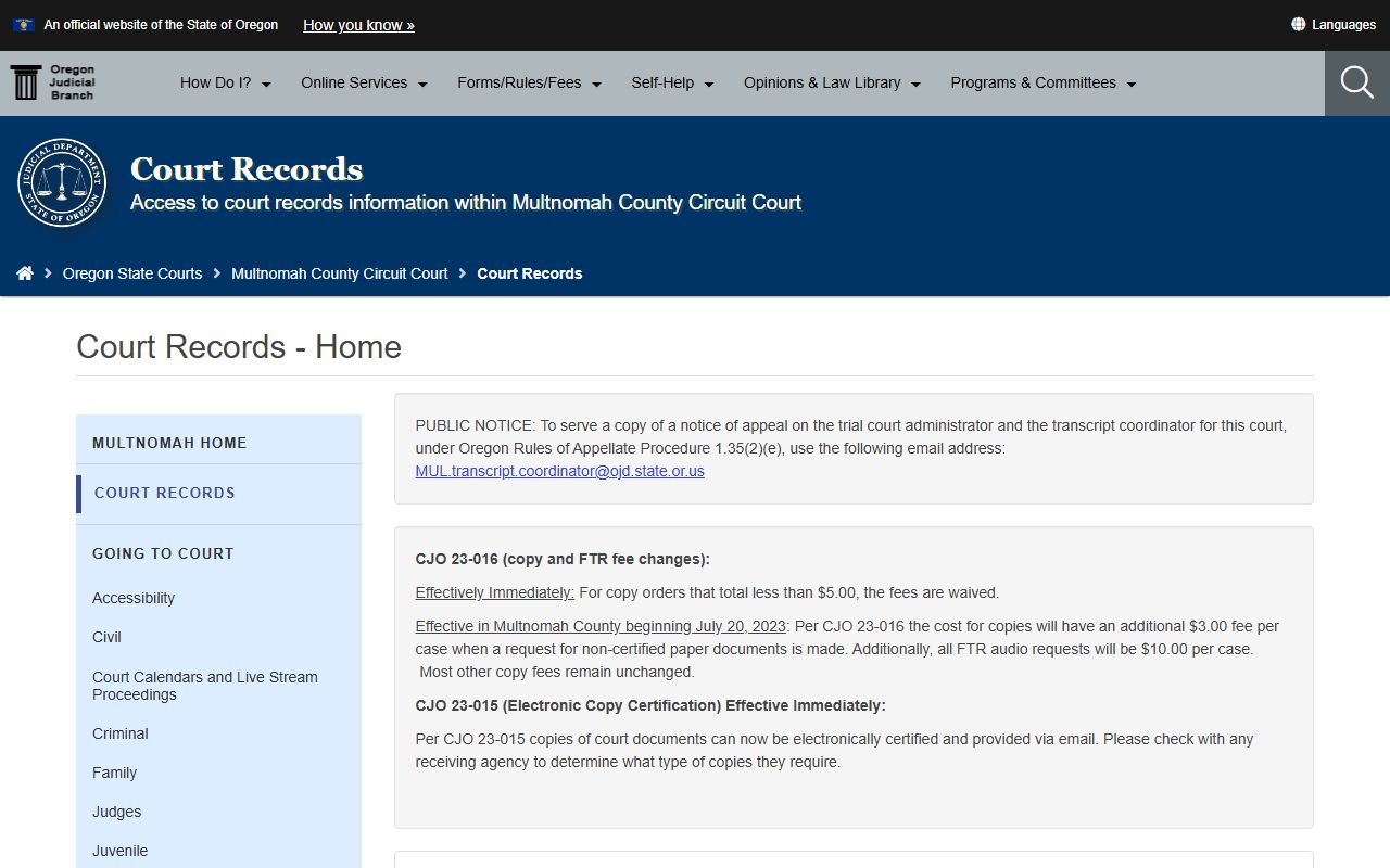 Multnomah County Circuit Court records page