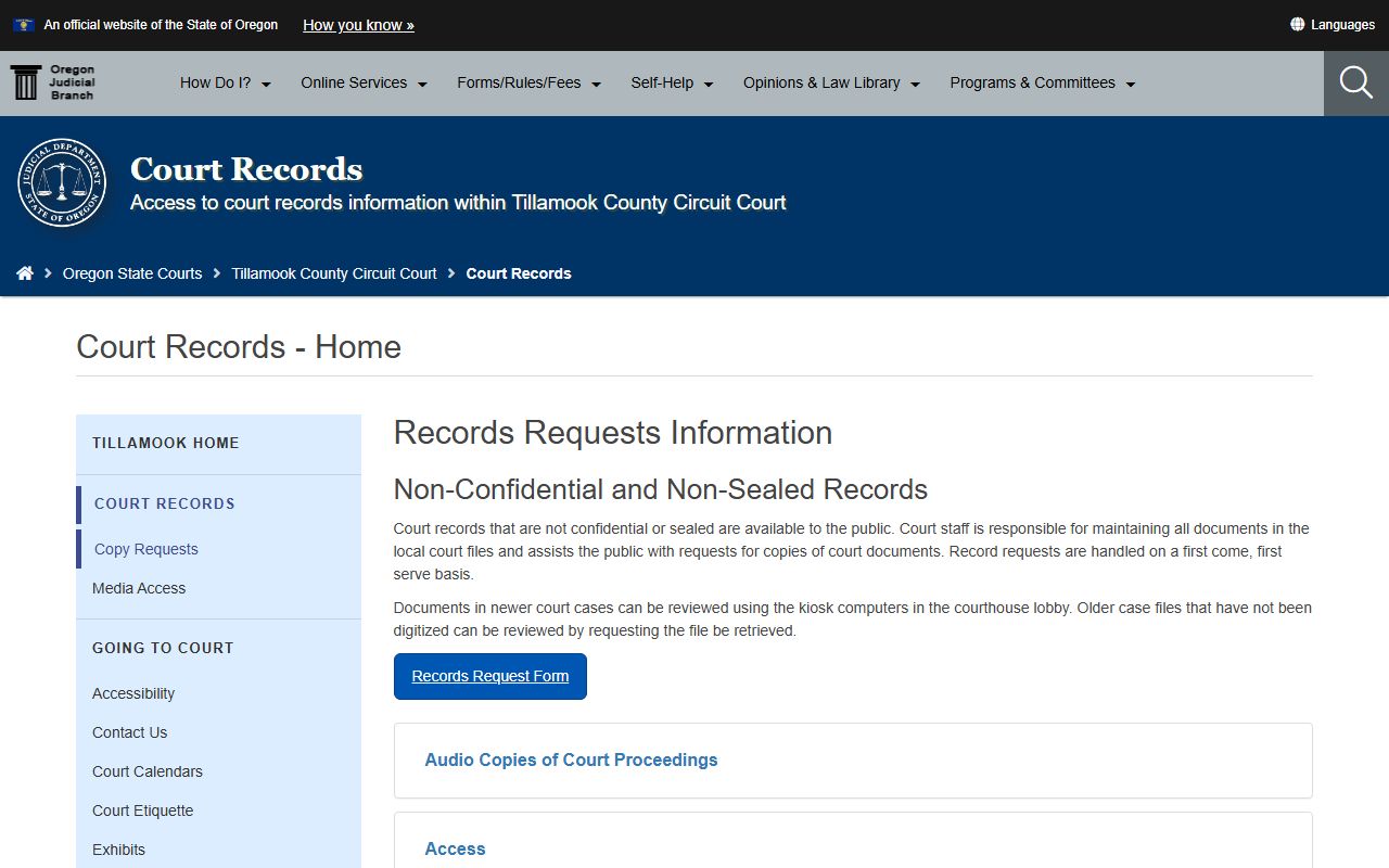 Tillamook County Circuit Court records page