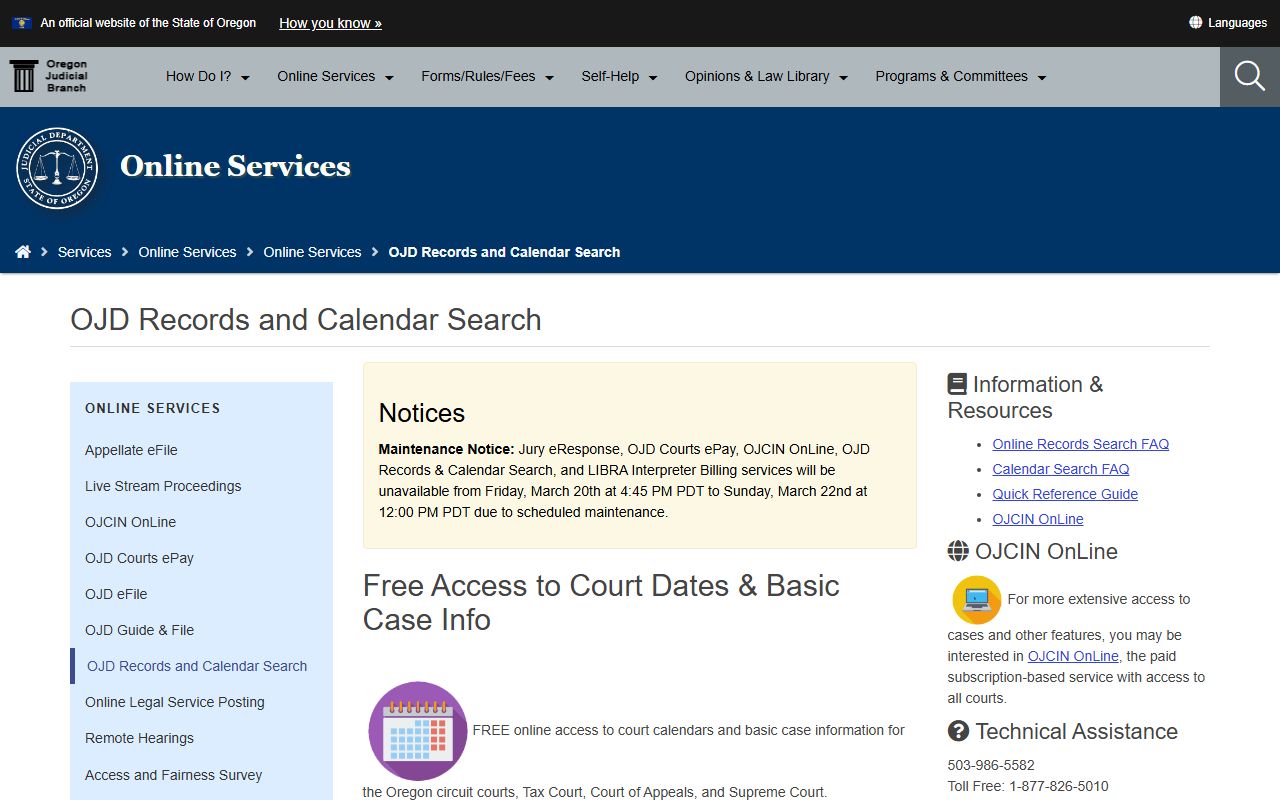 OJD Records and Calendar Search tool for Oregon court records
