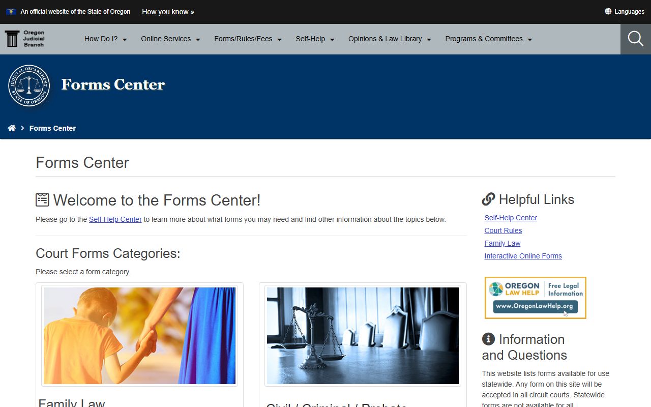 Oregon Judicial Department court forms page for court records