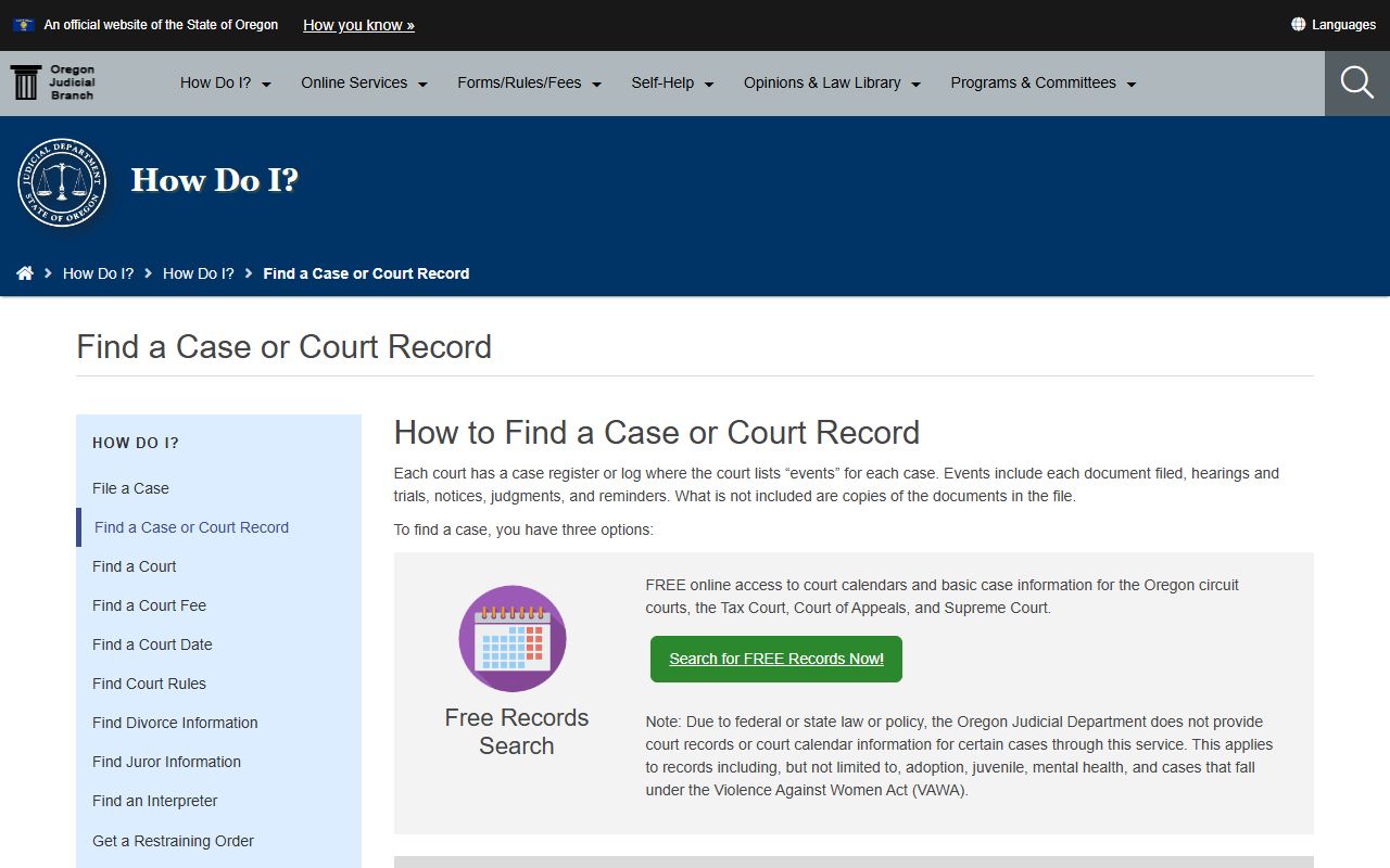 Oregon Judicial Department page for finding court records