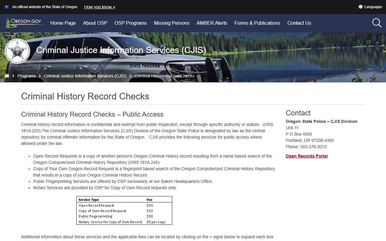 Oregon State Police criminal history records check page